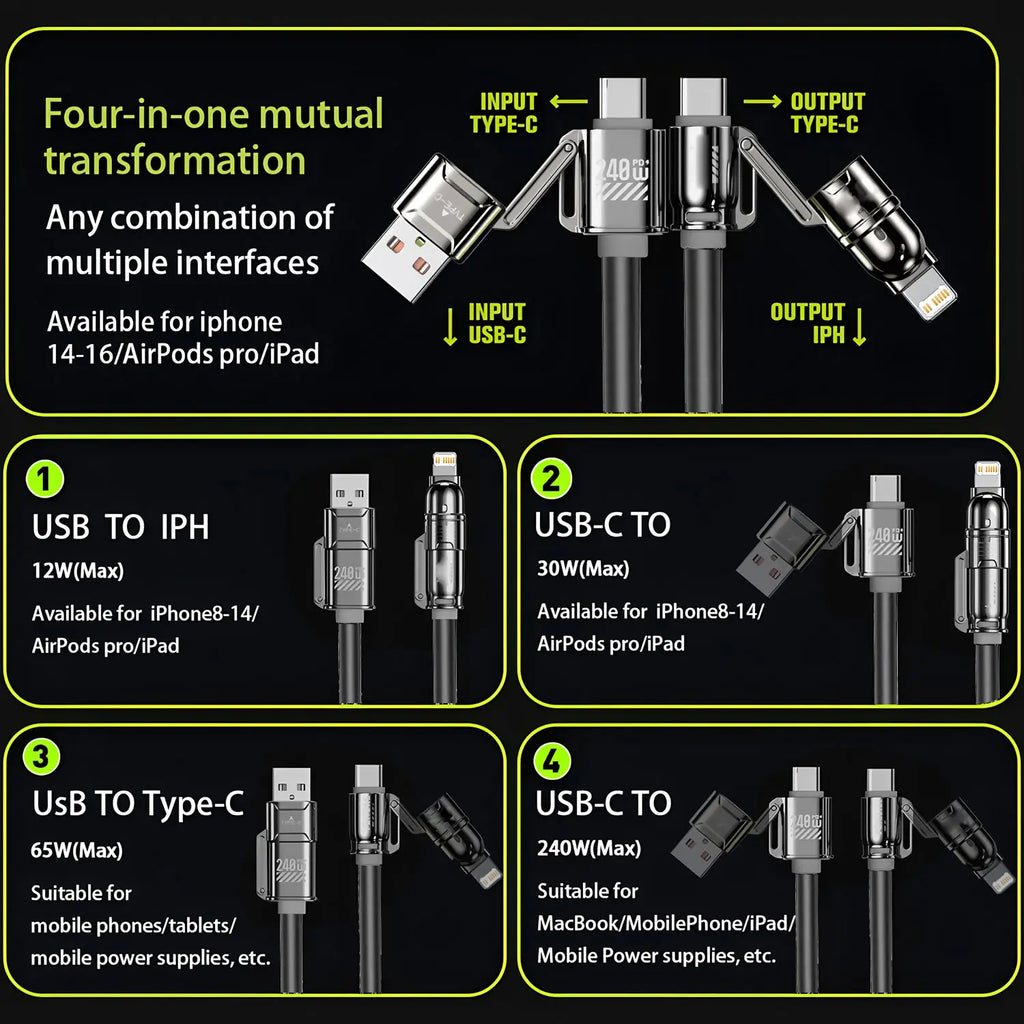240W Fast Charging Cable Type C & Ios Devices, Multifunctional Charging Cable, Multi-Function Data Line for Iphone Android Phones, High-Speed Charger Accessory